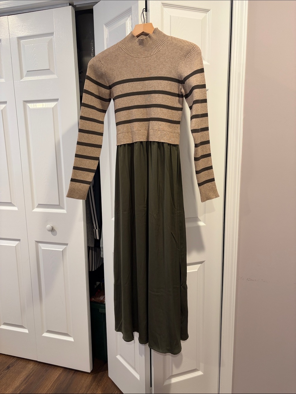 bohme Beige Striped Knit Top with Olive Maxi Skirt Dress